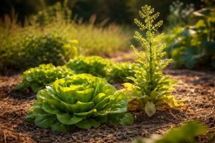 Grüner Salat im Sommer, schießender Stängel, sonniges Beet, stressbedingt durch Hitze