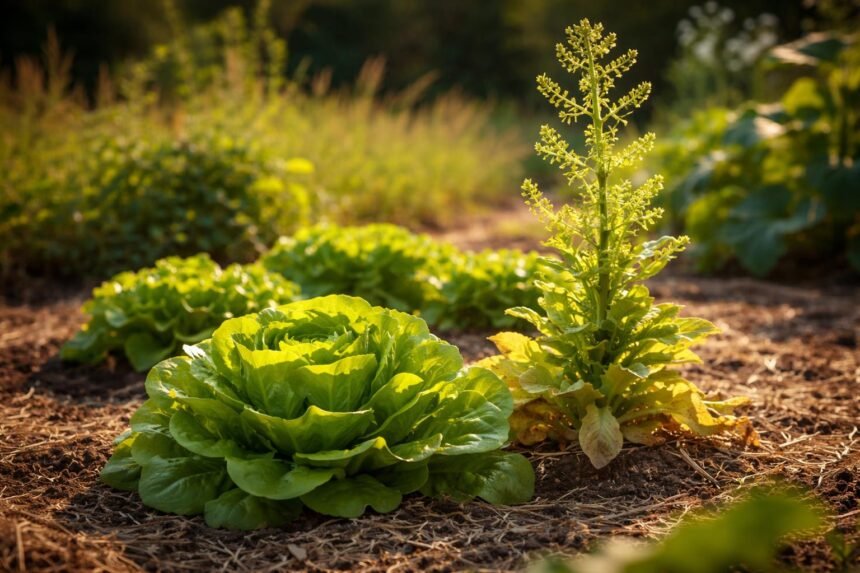 Wie schützt du Salat vor dem vorzeitigen Schossen? Grüner Salat im Sommer, schießender Stängel, sonniges Beet, stressbedingt durch Hitze