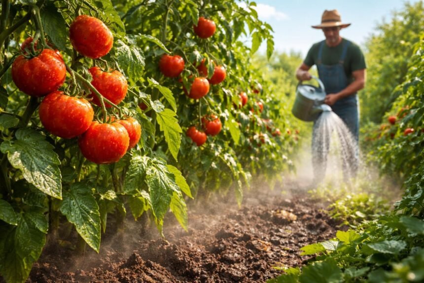 - Tomatenpflanzen stehen in Sommersonne, regelmäßiges Gießen sorgt für reife Früchte.