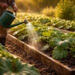 - Zucchini-Pflanzen unter extremer Hitze, sorgfältige Bewässerung, Schutzmaßnahmen und Ernteerfolg sichtbar.