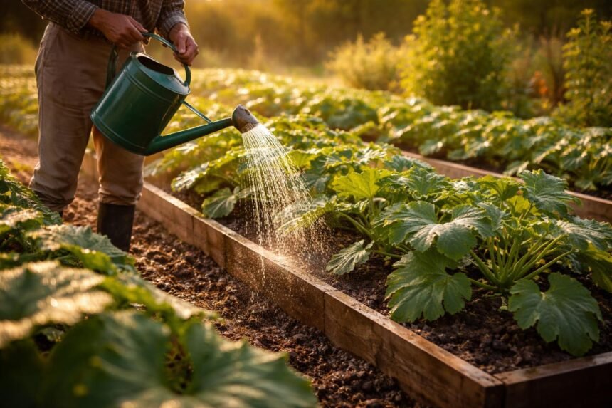 Zucchini richtig pflegen bei extremer Sommerhitze - Zucchini-Pflanzen unter extremer Hitze, sorgfältige Bewässerung, Schutzmaßnahmen und Ernteerfolg sichtbar.