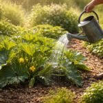 Zucchini-Pflanzen unter Hitzewelle; Verdunstung der Blätter; Gießen und Schutzmaßnahmen im Garten