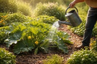 Zucchini-Pflanzen unter Hitzewelle; Verdunstung der Blätter; Gießen und Schutzmaßnahmen im Garten