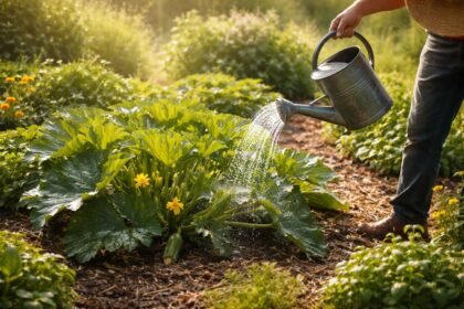 Zucchini-Pflanzen unter Hitzewelle; Verdunstung der Blätter; Gießen und Schutzmaßnahmen im Garten