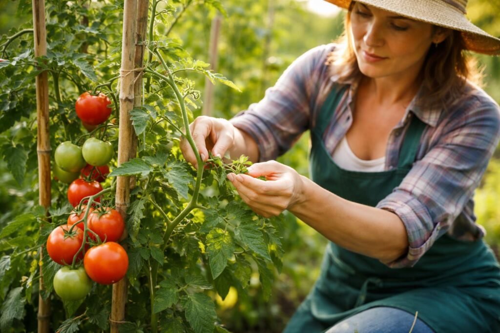 - Tomatenpflanzen werden ausgegeizt: Hände entfernen Seitentriebe zur Förderung des Wachstums