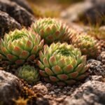 • Alpine Hauswurz Sempervivum montanum vor Steinen, sonnig, trocken, pflegeleicht, attraktiv.
