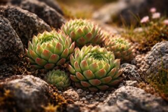 • Alpine Hauswurz Sempervivum montanum vor Steinen, sonnig, trocken, pflegeleicht, attraktiv.
