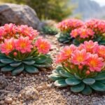 Bitterwurz Lewisia cotyledon in Steingarten mit grünen Rosetten und farbigen Blüten
