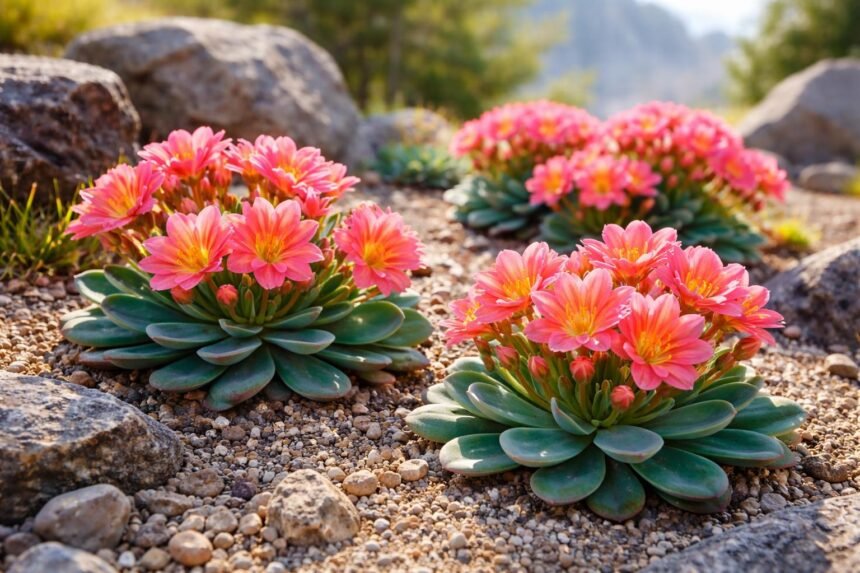 Bitterwurz Lewisia cotyledon in Steingarten mit grünen Rosetten und farbigen Blüten