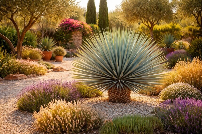 Blaue Mexikanische Palmlilie (Yucca rigida): Pflege, Standort und Überwinterung Blaugrüne Yucca rigida; starrblättrige Form, architektonisches Wüstenflair, pflegeleichte, langlebige Pflanze.