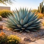 Blaue Palmlilie Yucca baccata im Garten, kompakt, blaugrüne Blätter, robust, Winternässe geschützt.
