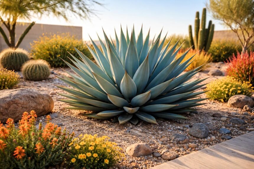 Blaue Palmlilie Yucca baccata im Garten, kompakt, blaugrüne Blätter, robust, Winternässe geschützt.