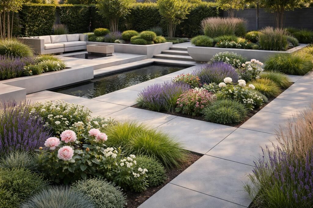 Moderne Gartenpflanzen mit klaren Linien, leuchtenden Blüten und ruhigem Hintergrund