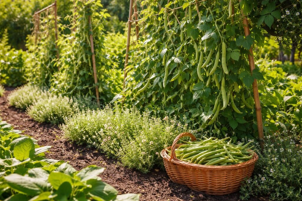 Bohnen wachsen neben Bohnenkraut im Beet, sonnig, grün, vital, duftend von Frühjahr bis Herbst