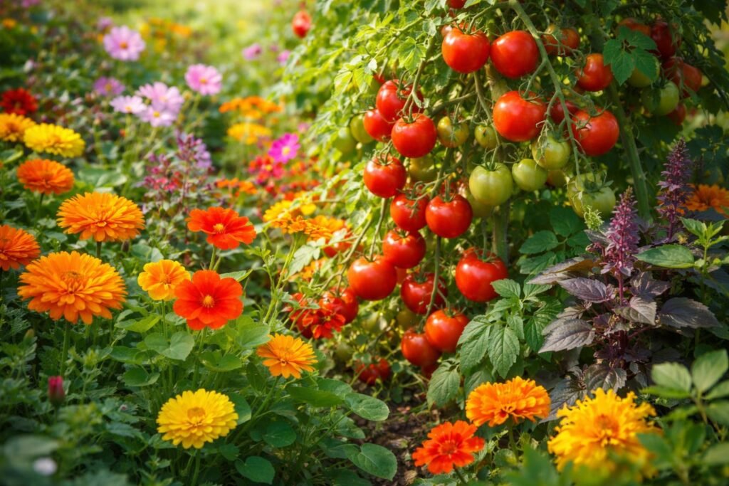 - Bunte Blüten im Tomatenbeet schützen Pflanzen und locken Bestäuber an