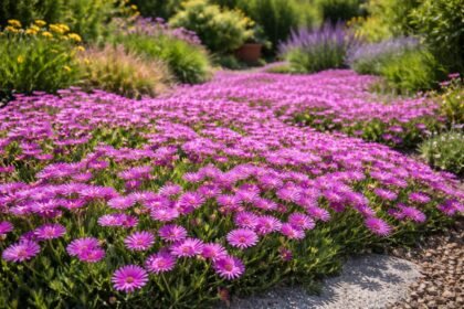 Delosperma cooperi im Sonnenlicht, leuchtend pink-violette Blüten, pflegeleicht, hitzeverträglich, dauerhaft blühend
