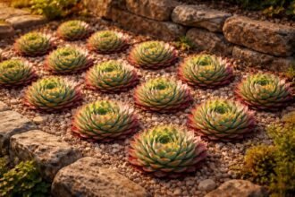Sonnenliebende Dach-Hauswurz, Sempervivum tectorum, robust, winterhart, pflegeleicht, dekorativ, kompakt, vielseitig, langlebig.
