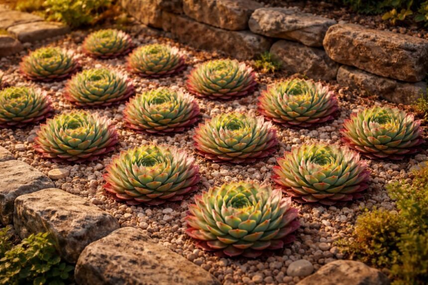 Sonnenliebende Dach-Hauswurz, Sempervivum tectorum, robust, winterhart, pflegeleicht, dekorativ, kompakt, vielseitig, langlebig.