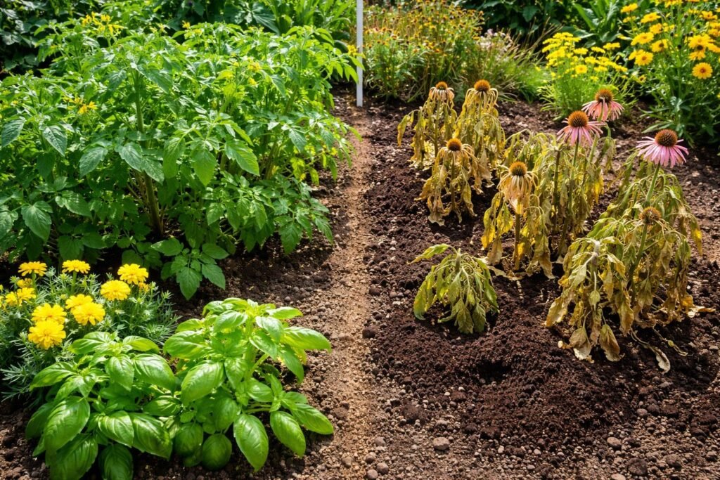 Gartenboden mit Kaffeesatz; einige Pflanzen reagieren negativ darauf und zeigen Anzeichen von Stress