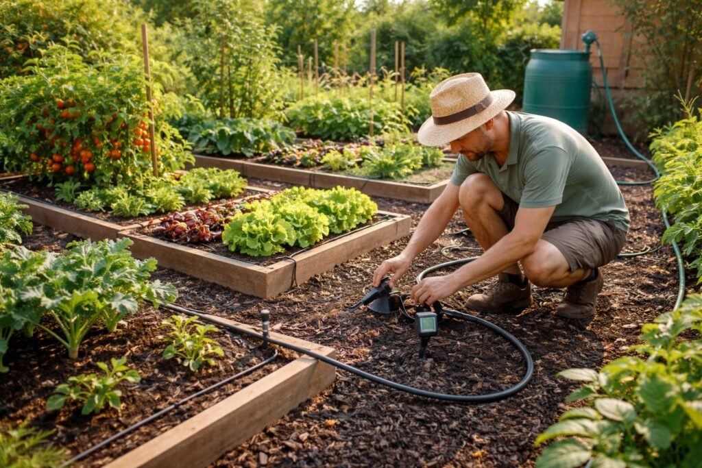 Effiziente Gartenbewässerung mit Tropfbewässerung, Regentonne, Mulch und Bodenfeuchteüberwachung bringt Gemüse gesund.