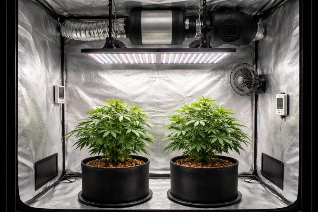 - Growbox-Einrichtung für zwei Pflanzen: Licht, Belüftung, Abstand, Sicherheit beachten und optimieren.