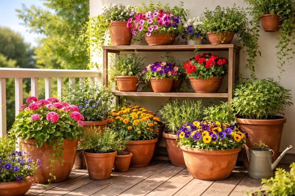 Kompakte Topfpflanzenkombination, farbenfroh, pflegeleicht, ideal für Balkons oder Fensterkästen im Sommer und Frühling