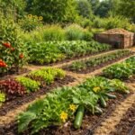 Gartenbeet mit Mulch, Regentonne und tiefgründigem Boden für Dürrephasen im Sommer; Ernte geschützt.