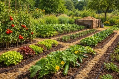 Gartenbeet mit Mulch, Regentonne und tiefgründigem Boden für Dürrephasen im Sommer; Ernte geschützt.