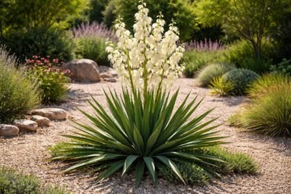 Fädige Palmlilie Yucca filamentosa im Garten mit schwertförmigen Blättern und weißen Blütenrispen