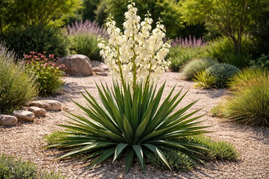 Fädige Palmlilie Yucca filamentosa im Garten mit schwertförmigen Blättern und weißen Blütenrispen