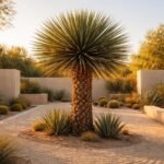 Yucca faxoniana im Garten: scharfe Blätter, starker Stamm, wüstenhafte Struktur