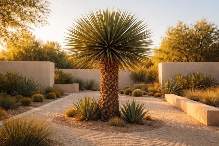 Yucca faxoniana im Garten: scharfe Blätter, starker Stamm, wüstenhafte Struktur