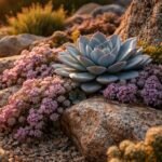 - Felsen-Fettblatt Hylotelephium cauticola strahlt purpurne Blüten und blau-graue Blätter im Steingarten