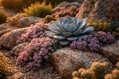 - Felsen-Fettblatt Hylotelephium cauticola strahlt purpurne Blüten und blau-graue Blätter im Steingarten