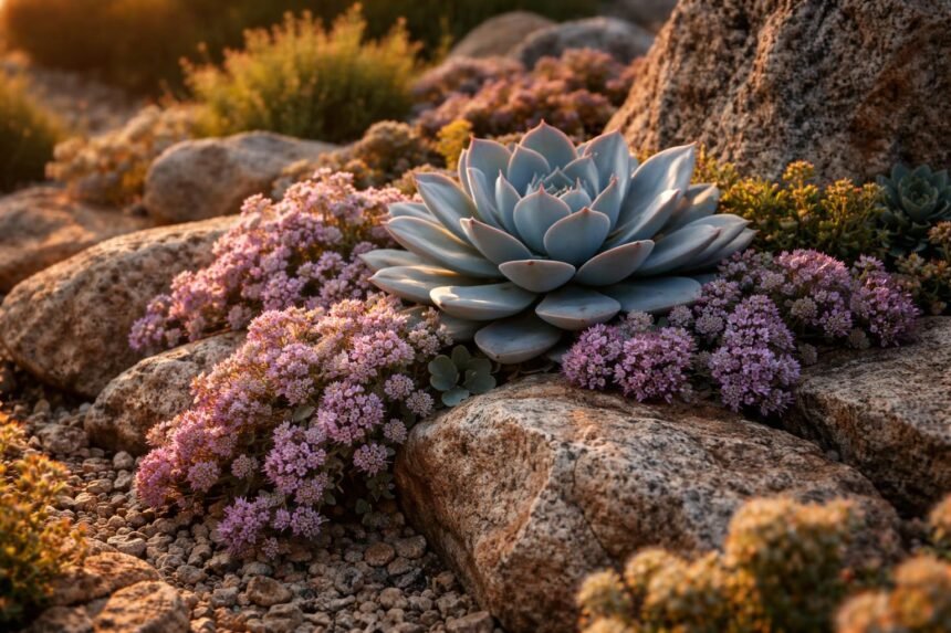 - Felsen-Fettblatt Hylotelephium cauticola strahlt purpurne Blüten und blau-graue Blätter im Steingarten