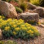 Blaugrüne Felsen-Fetthenne im Steingarten; gelbe Blüten im Fokus; pflegeleicht; trockene Ecken bevorzugt.