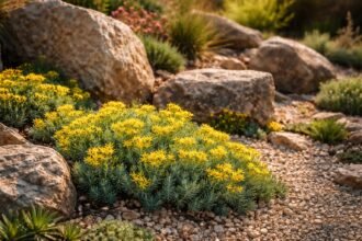 Blaugrüne Felsen-Fetthenne im Steingarten; gelbe Blüten im Fokus; pflegeleicht; trockene Ecken bevorzugt.