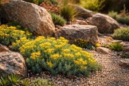 Blaugrüne Felsen-Fetthenne im Steingarten; gelbe Blüten im Fokus; pflegeleicht; trockene Ecken bevorzugt.
