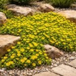 Gelbe Mittagsblume Delosperma nubigenum im Steingarten, blühend, robust, pflegeleicht und farbenfroh im Frühsommer sichtbar