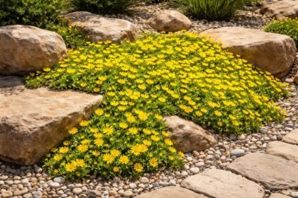 Gelbe Mittagsblume Delosperma nubigenum im Steingarten, blühend, robust, pflegeleicht und farbenfroh im Frühsommer sichtbar