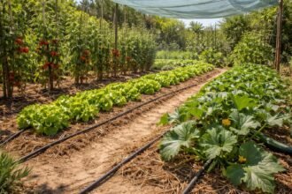 Gemüsegarten bei sengender Sonne, Tropfbewässerung, Mulch, Schatten, gesunde Ernte trotz Hitze