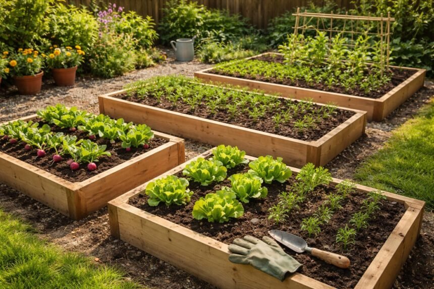 Frischer Gemüsegarten mit Radieschen und Kräutern im Frühling für Anfänger
