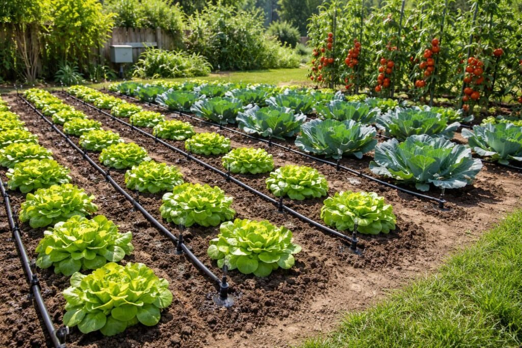 Gartenbeet mit Tropfbewässerung, Wärmeschaden minimieren, Gemüse bei Hitze bewässern, effizient.