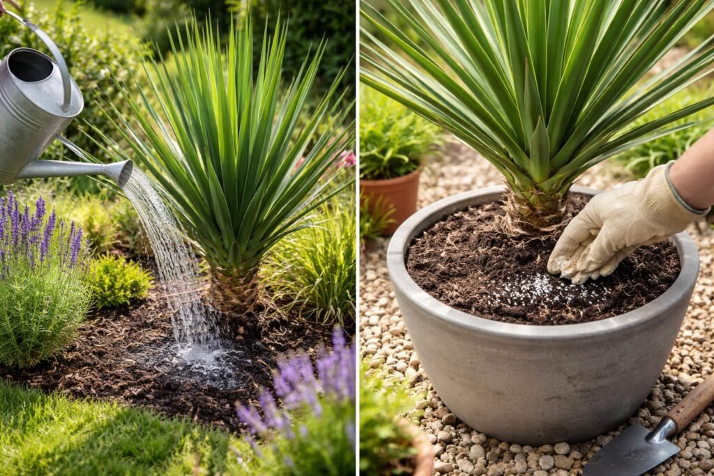 Thompson-Palmlilie (Yucca thompsoniana): So gelingt die Pflege im Garten und Kübel - Gleichmäßig gießen, Staunässe vermeiden; - Dünger sparsam verwenden; Yucca pflegt gut.