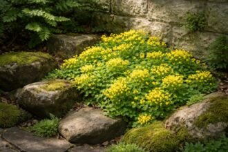 - Gelb blühende Chiastophyllum oppositifolium in schattigem Steingarten, pflegeleicht, traubenartige Blüten als Blickfang.