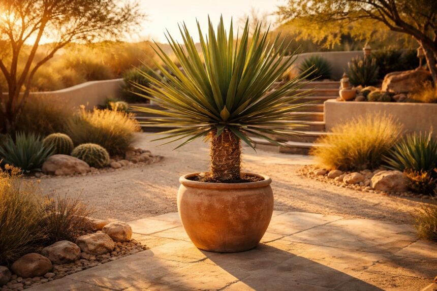 Josua-Palmlilie (Yucca brevifolia): Pflege, Standort und Überwinterung im Kübel - Josua-Palmlilie Yucca brevifolia im Kübel, Wüstenästhetik, robuste Pflege, beeindruckende Erscheinung.