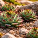 Kalk-Hauswurz Sempervivum calcareum mit blaugrünen Rosetten und roten Spitzen im Beet