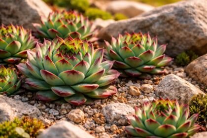 Kalk-Hauswurz Sempervivum calcareum mit blaugrünen Rosetten und roten Spitzen im Beet