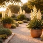 Kompakte Yucca gloriosa mit schwertförmigen Blättern und blühendem Wuchs im Sommer.