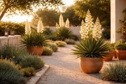 Kompakte Yucca gloriosa mit schwertförmigen Blättern und blühendem Wuchs im Sommer.